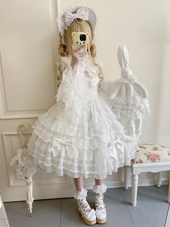 ホワイト スウィートロリータドレス ノースリーブ レース フリル JSK 姫ロリータドレス
