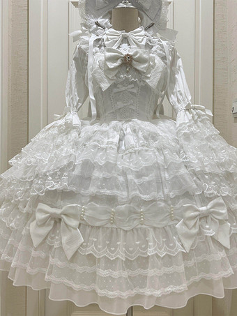 ホワイト スウィートロリータドレス ノースリーブ レース フリル JSK 姫ロリータドレス