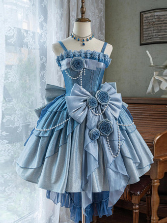 ブルー スウィートロリータドレス リボン パールチェーン サイドリボン JSK ロリータドレス