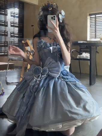 スウィートロリータドレス リボン パールチェーン サイドリボン JSK ロリータドレス