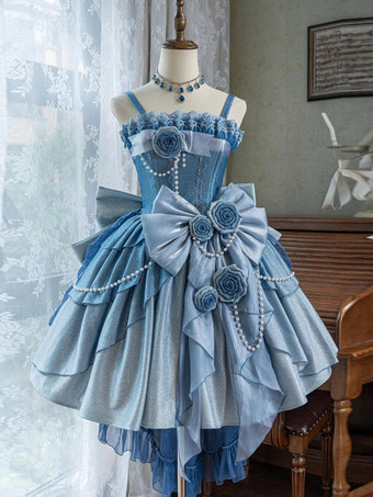 スウィートロリータドレス リボン パールチェーン サイドリボン JSK ロリータドレス