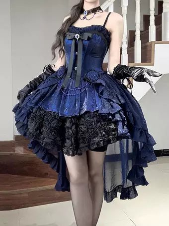 ゴシックロリータドレス ブルーリボン レースアップ JSK フリル