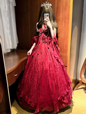 ダークレッドフェアリーロリータドレス ダークレッド ホルターサッシュ ティーパーティーロリータプロムドレス