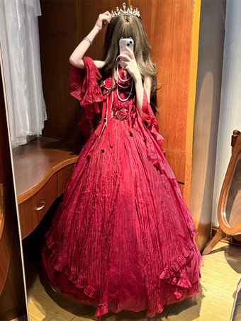 フェアリーロリータドレス ダークレッド ホルターサッシュ ティーパーティーロリータプロムドレス