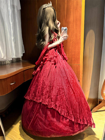 フェアリーロリータドレス ダークレッド ホルターサッシュ ティーパーティーロリータプロムドレス