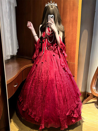 フェアリーロリータドレス ダークレッド ホルターサッシュ ティーパーティーロリータプロムドレス