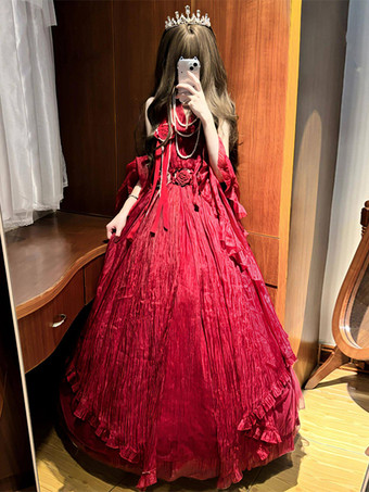 フェアリーロリータドレス ダークレッド ホルターサッシュ ティーパーティーロリータプロムドレス