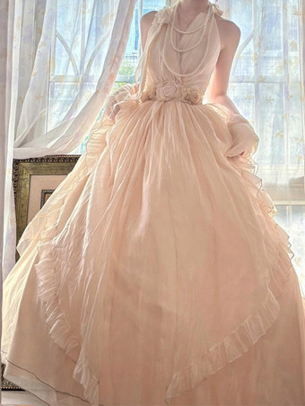 ライト アプリコットフェアリーロリータドレス ダークレッド ホルターサッシュ ティーパーティーロリータプロムドレス