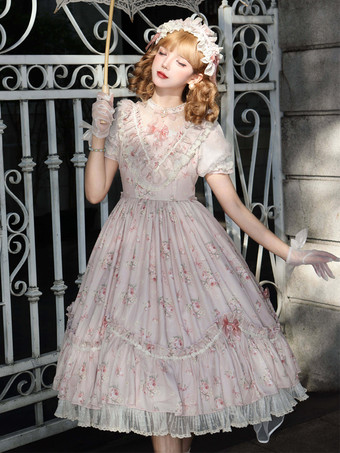 ライト アプリコットスウィートロリータドレス ピンク 半袖 ワンピース 花柄フリル ロリータドレス 夏用