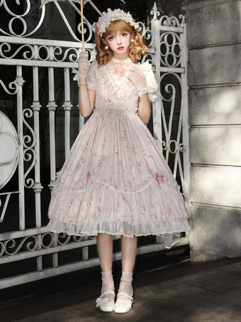 スウィートロリータドレス ピンク 半袖 ワンピース 花柄フリル ロリータドレス 夏用