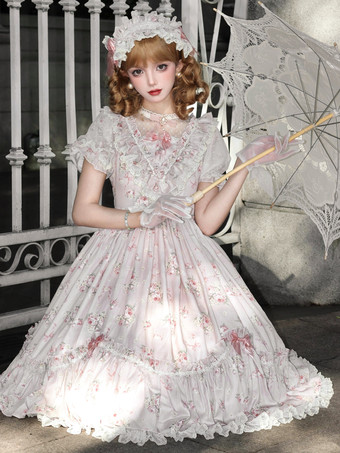 スウィートロリータドレス ピンク 半袖 ワンピース 花柄フリル ロリータドレス 夏用