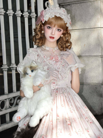 スウィートロリータドレス ピンク 半袖 ワンピース 花柄フリル ロリータドレス 夏用