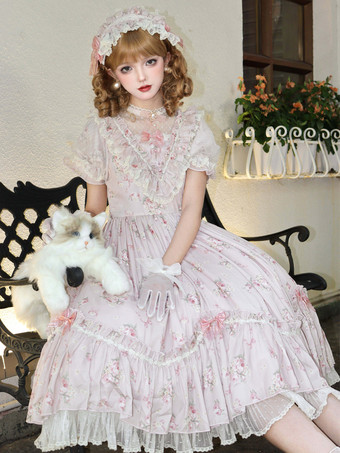 スウィートロリータドレス ピンク 半袖 ワンピース 花柄フリル ロリータドレス 夏用