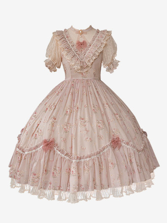 スウィートロリータドレス ピンク 半袖 ワンピース 花柄フリル ロリータドレス 夏用