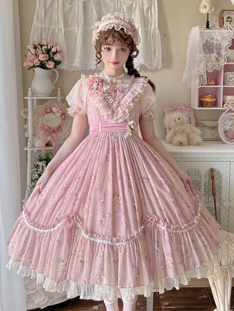 ピンクスウィートロリータドレス ピンク 半袖 ワンピース 花柄フリル ロリータドレス 夏用