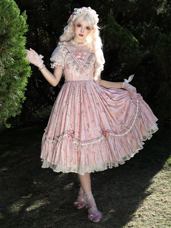 スウィートロリータドレス ピンク 半袖 ワンピース 花柄フリル ロリータドレス 夏用