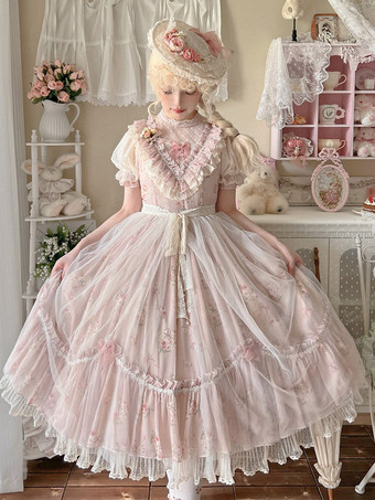 スウィートロリータドレス ピンク 半袖 ワンピース 花柄フリル ロリータドレス 夏用