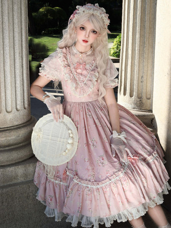 スウィートロリータドレス ピンク 半袖 ワンピース 花柄フリル ロリータドレス 夏用