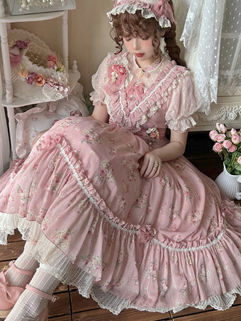 スウィートロリータドレス ピンク 半袖 ワンピース 花柄フリル ロリータドレス 夏用