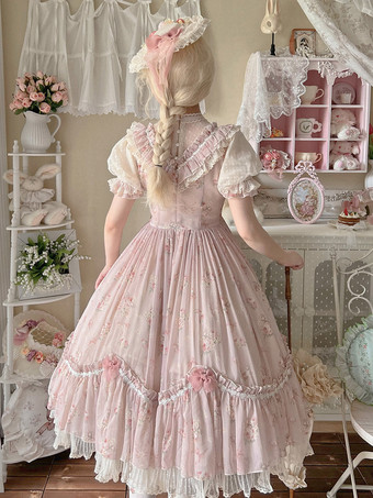 スウィートロリータドレス ピンク 半袖 ワンピース 花柄フリル ロリータドレス 夏用
