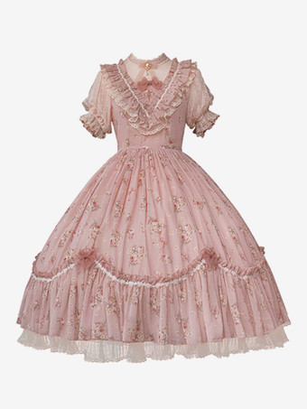 スウィートロリータドレス ピンク 半袖 ワンピース 花柄フリル ロリータドレス 夏用