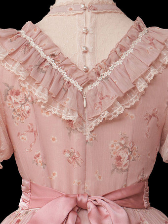 スウィートロリータドレス ピンク 半袖 ワンピース 花柄フリル ロリータドレス 夏用