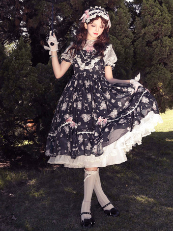 ブラック スウィートロリータドレス ピンク 半袖 ワンピース 花柄フリル ロリータドレス 夏用