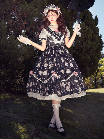 スウィートロリータドレス ピンク 半袖 ワンピース 花柄フリル ロリータドレス 夏用