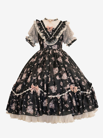 スウィートロリータドレス ピンク 半袖 ワンピース 花柄フリル ロリータドレス 夏用