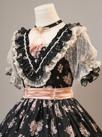 スウィートロリータドレス ピンク 半袖 ワンピース 花柄フリル ロリータドレス 夏用