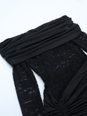 オフショルダーレースパッチワークミニドレス（女性用） - サイドドレープボディコン - 2026年春のクラブナイト衣装