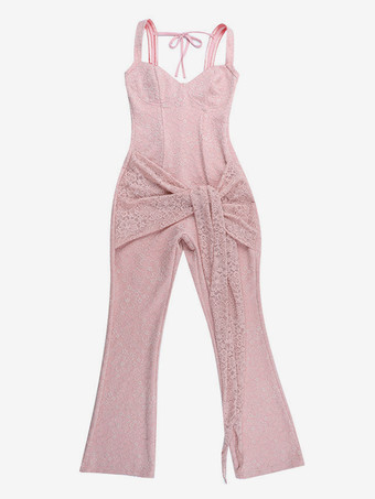 ピンクのフェアリーコアレースジャンプスーツ（レディース） - フロントタイフレアレッグロンパース - 夏のロマンチックなデートナイトパーティーウェア 2026