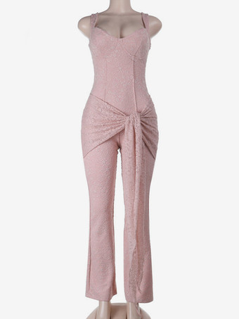 ピンクのフェアリーコアレースジャンプスーツ（レディース） - フロントタイフレアレッグロンパース - 夏のロマンチックなデートナイトパーティーウェア 2026