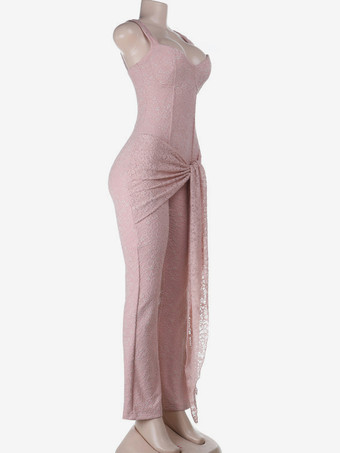 ピンクのフェアリーコアレースジャンプスーツ（レディース） - フロントタイフレアレッグロンパース - 夏のロマンチックなデートナイトパーティーウェア 2026