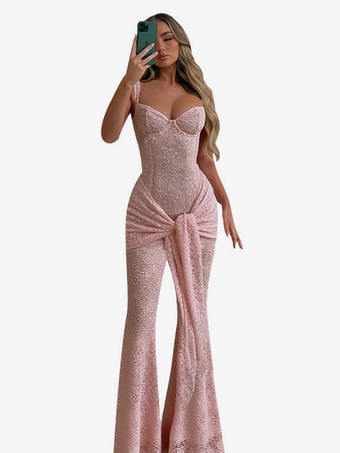 ピンクのフェアリーコアレースジャンプスーツ（レディース） - フロントタイフレアレッグロンパース - 夏のロマンチックなデートナイトパーティーウェア 2026