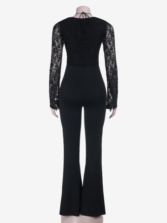レースアップフレアジャンプスーツ（レディース） - ブラックゴシックフローラルレース長袖ボディコンロンパース - 2026年春のパーティクラブウェア