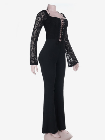 レースアップフレアジャンプスーツ（レディース） - ブラックゴシックフローラルレース長袖ボディコンロンパース - 2026年春のパーティクラブウェア