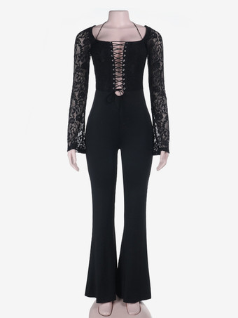 レースアップフレアジャンプスーツ（レディース） - ブラックゴシックフローラルレース長袖ボディコンロンパース - 2026年春のパーティクラブウェア