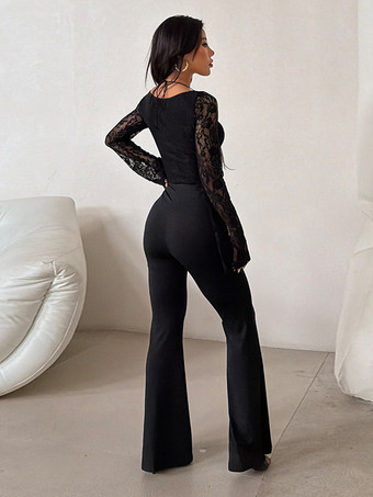 レースアップフレアジャンプスーツ（レディース） - ブラックゴシックフローラルレース長袖ボディコンロンパース - 2026年春のパーティクラブウェア