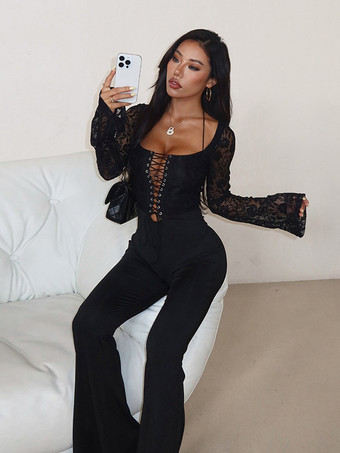 レースアップフレアジャンプスーツ（レディース） - ブラックゴシックフローラルレース長袖ボディコンロンパース - 2026年春のパーティクラブウェア