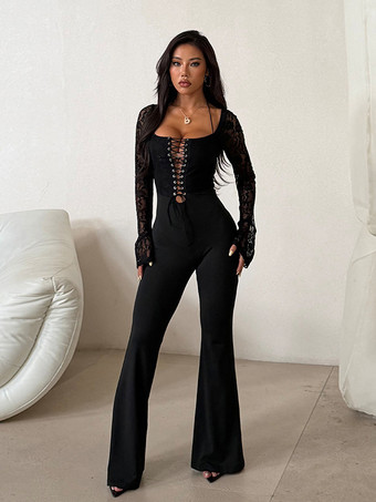レースアップフレアジャンプスーツ（レディース） - ブラックゴシックフローラルレース長袖ボディコンロンパース - 2026年春のパーティクラブウェア