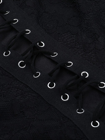 レースアップフレアジャンプスーツ（レディース） - ブラックゴシックフローラルレース長袖ボディコンロンパース - 2026年春のパーティクラブウェア