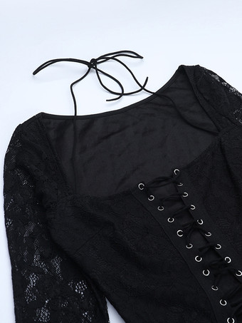 レースアップフレアジャンプスーツ（レディース） - ブラックゴシックフローラルレース長袖ボディコンロンパース - 2026年春のパーティクラブウェア