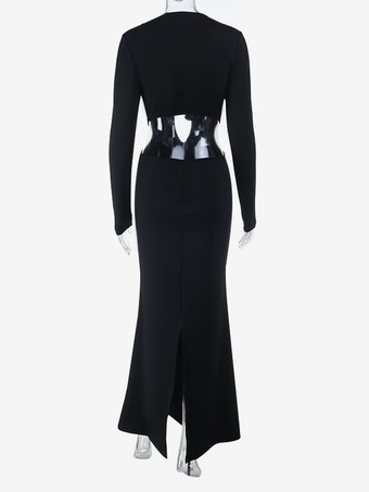 レディース用フリルVネックマキシドレス - ブラック エレガントな背中開きカットアウトボディコンロングドレス - 2026年春のイブニングドレス