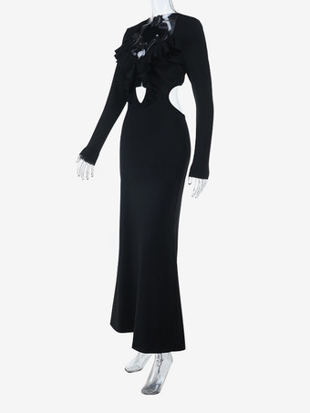 レディース用フリルVネックマキシドレス - ブラック エレガントな背中開きカットアウトボディコンロングドレス - 2026年春のイブニングドレス