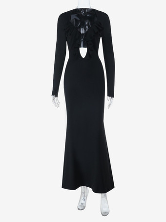 レディース用フリルVネックマキシドレス - ブラック エレガントな背中開きカットアウトボディコンロングドレス - 2026年春のイブニングドレス
