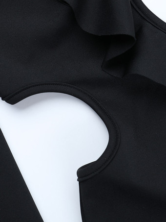 レディース用フリルVネックマキシドレス - ブラック エレガントな背中開きカットアウトボディコンロングドレス - 2026年春のイブニングドレス