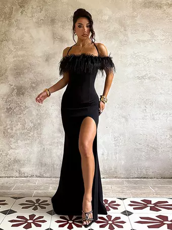 maxi dress with feather trim For Lovers Feather Trim Sequin Maxi Dress White