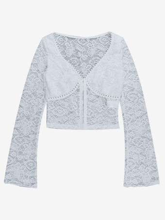 花柄レースのクロップトップ（レディース） - ホワイトのエレガントな長袖Vネックスリムフィットブラウス - 春の夜のお出かけクラブウェア 2026
