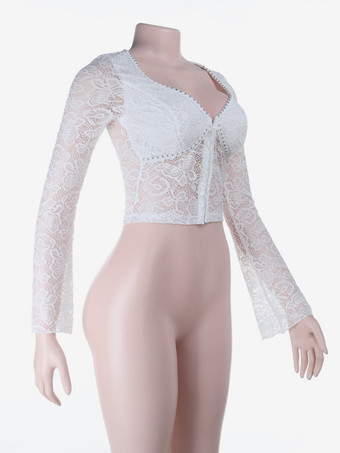 花柄レースのクロップトップ（レディース） - ホワイトのエレガントな長袖Vネックスリムフィットブラウス - 春の夜のお出かけクラブウェア 2026